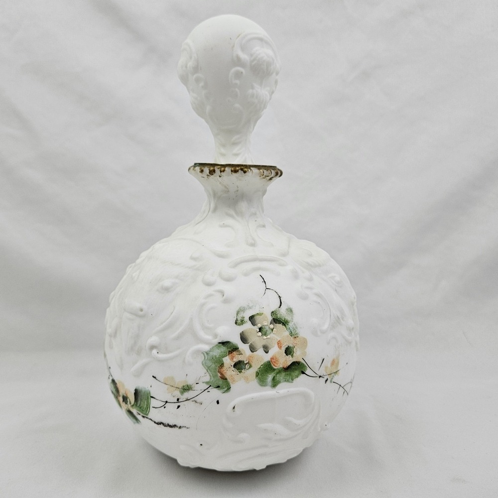 Antique 1800's Murray & Co. Milk Glass Barber's Cologne Decanter Bison Relief